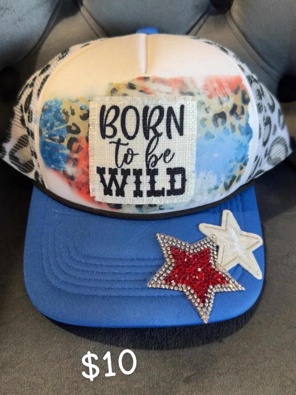 Born to Be Wild Blue Trucker Hat with Star Patches
